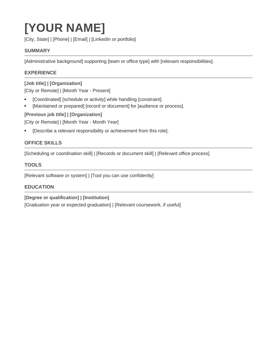 Administrative resume template preview