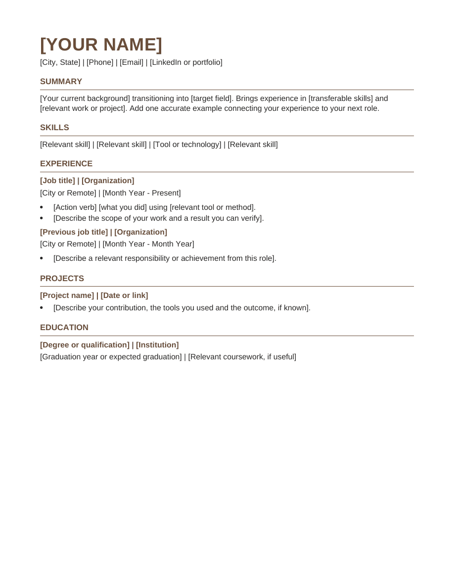 Career Change resume template preview
