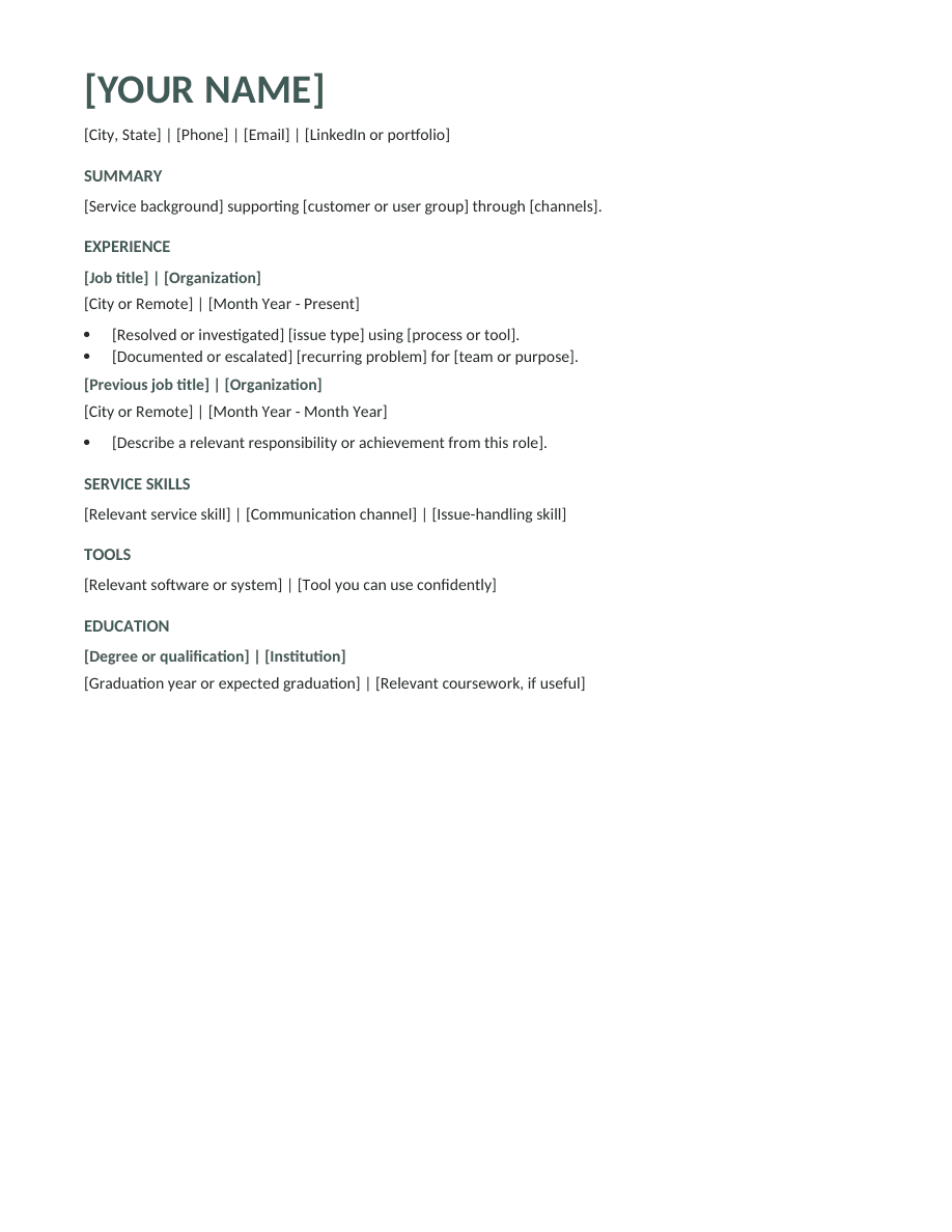 Customer Support resume template preview
