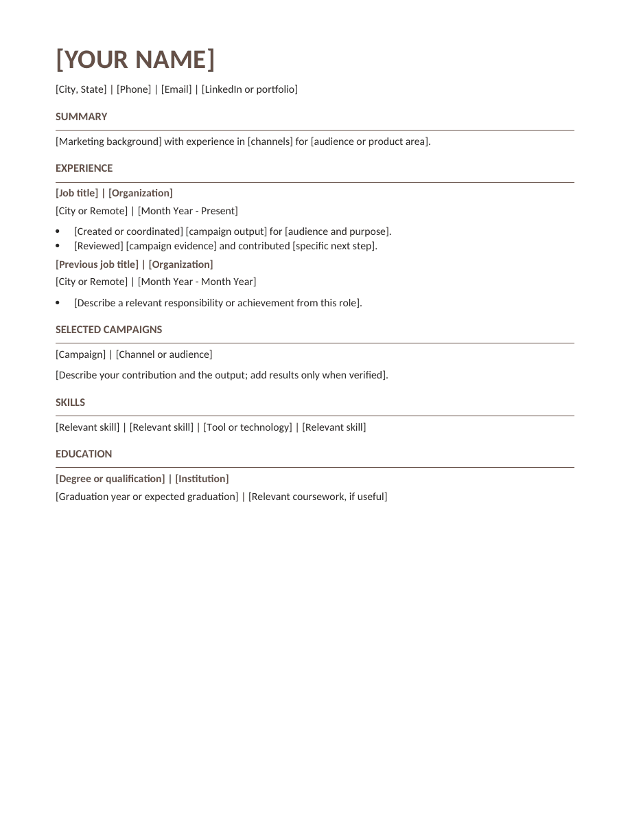 Marketing resume template preview