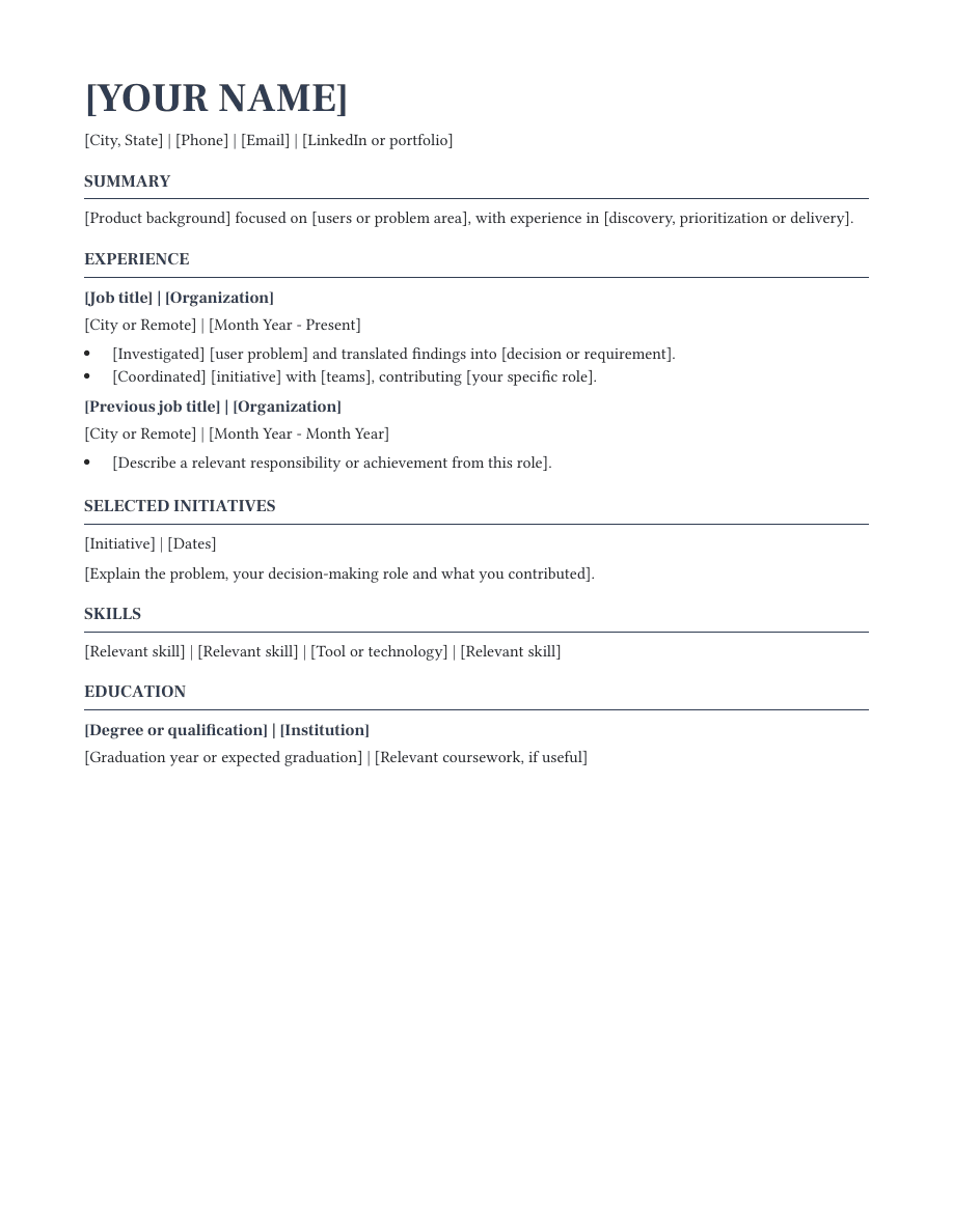 Product Manager resume template preview