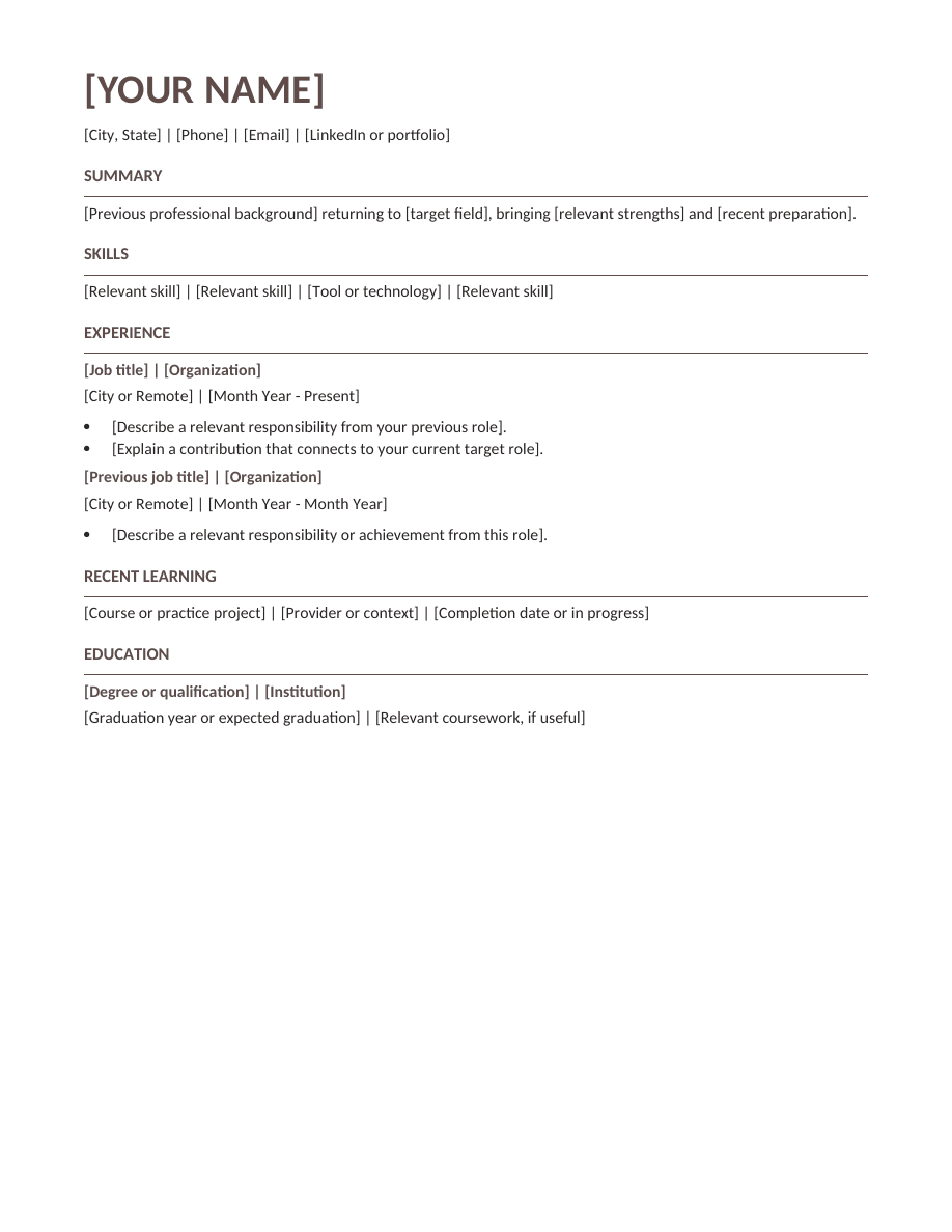 Return to Work resume template preview