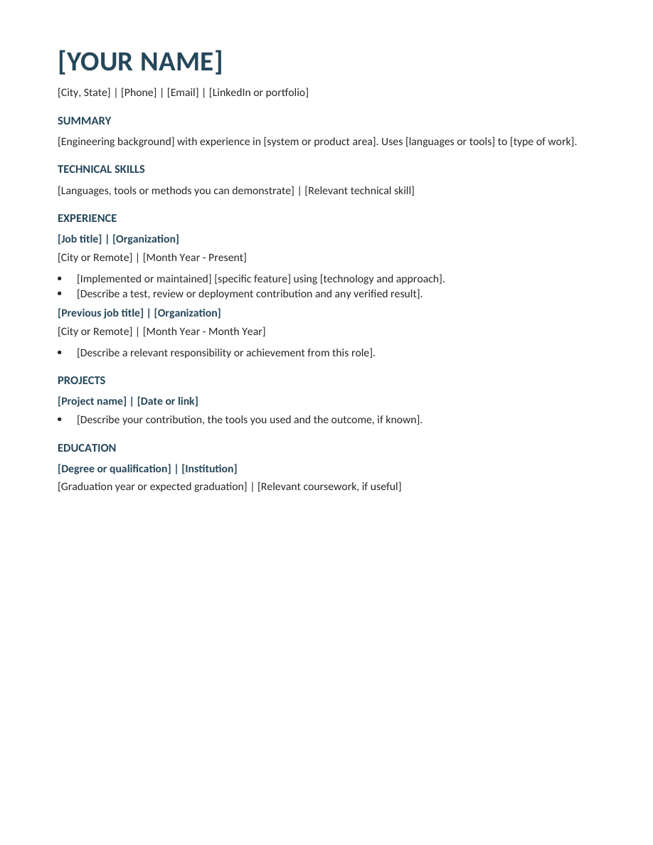 Software Engineer resume template preview