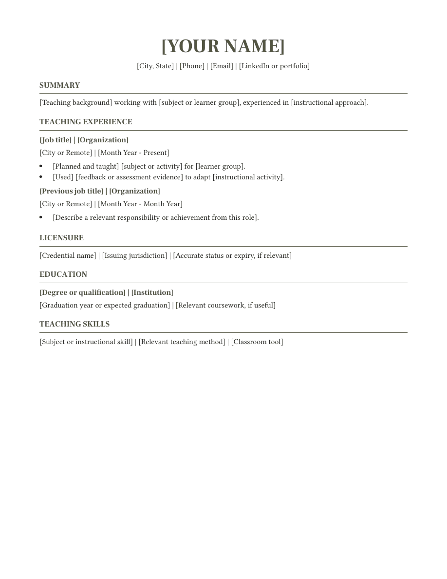 Teacher resume template preview