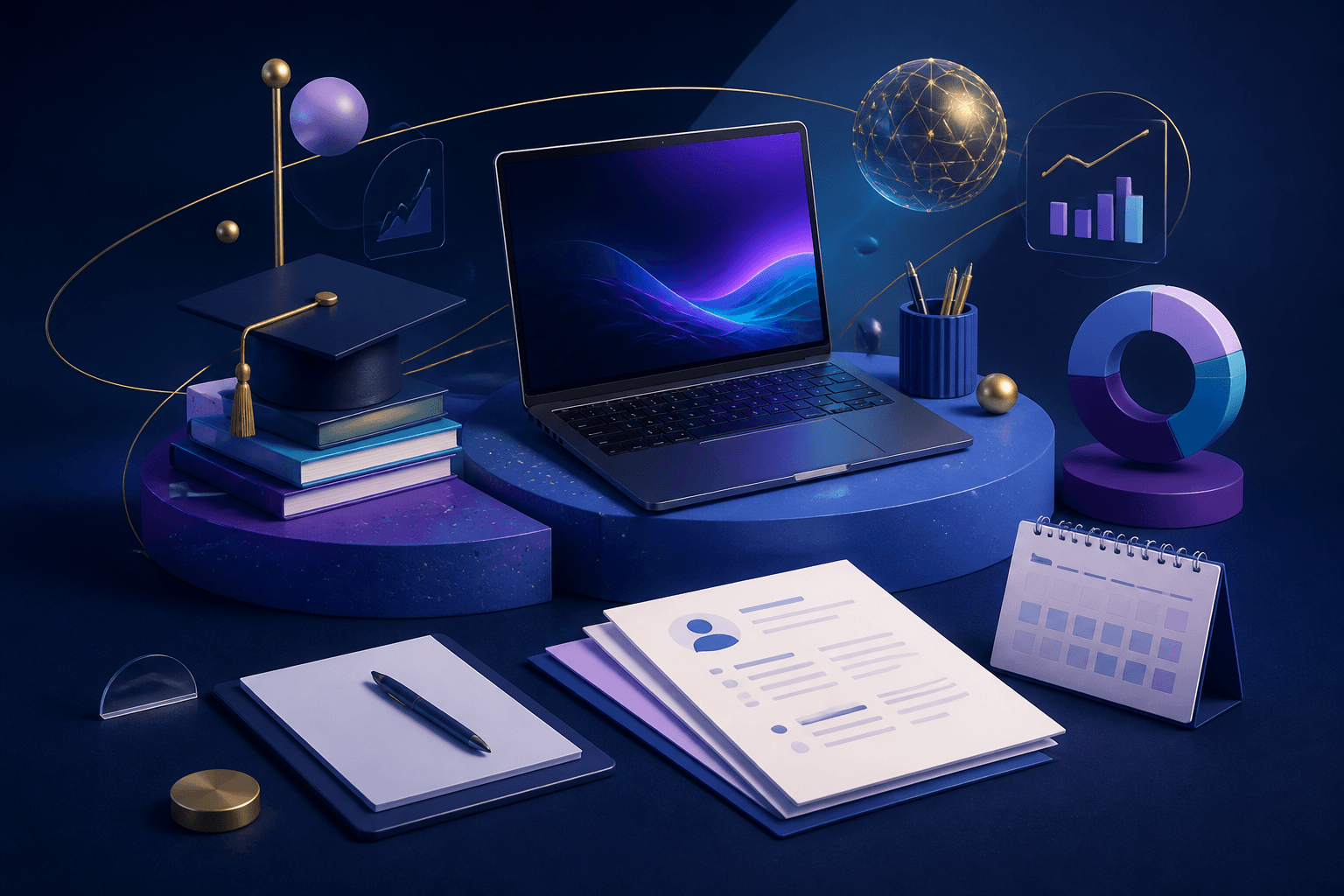 Modern editorial illustration for a guide on getting hired at 2U, showing a laptop, resume pages, interview notes, and abstract education and technology symbols in a dark blue, violet, and cyan palette.