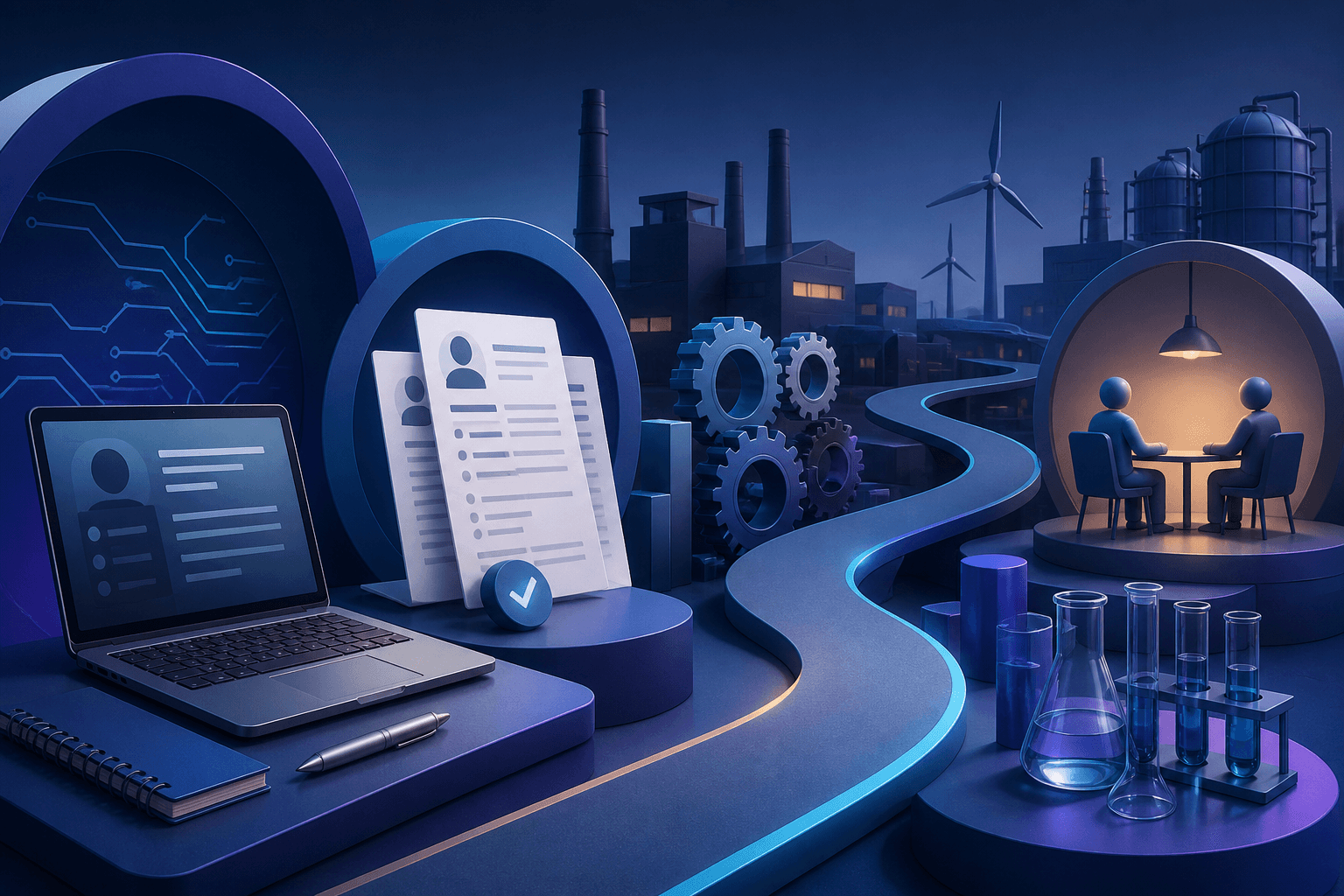 Editorial illustration for a guide on how to get a job at 3M, showing a modern workplace theme with abstract manufacturing and engineering elements.