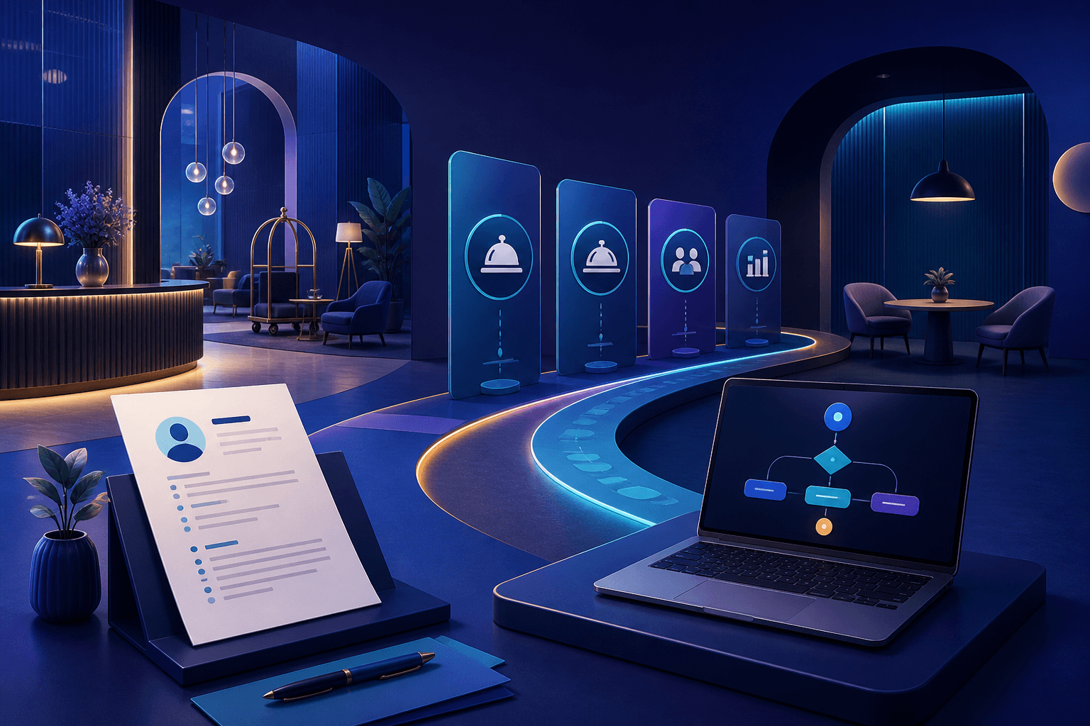Editorial illustration for a guide on how to get a job at Accor, showing hospitality and corporate hiring themes.
