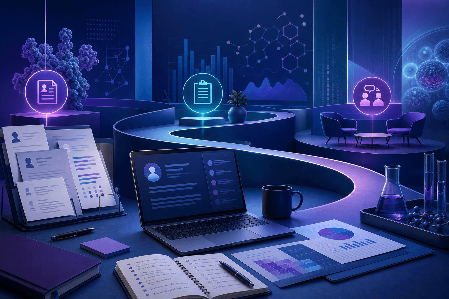 Editorial illustration for a guide on how to get a job at Amgen, showing a biotechnology hiring workspace with documents, data charts, lab-inspired elements, and a laptop in a dark blue and violet theme.