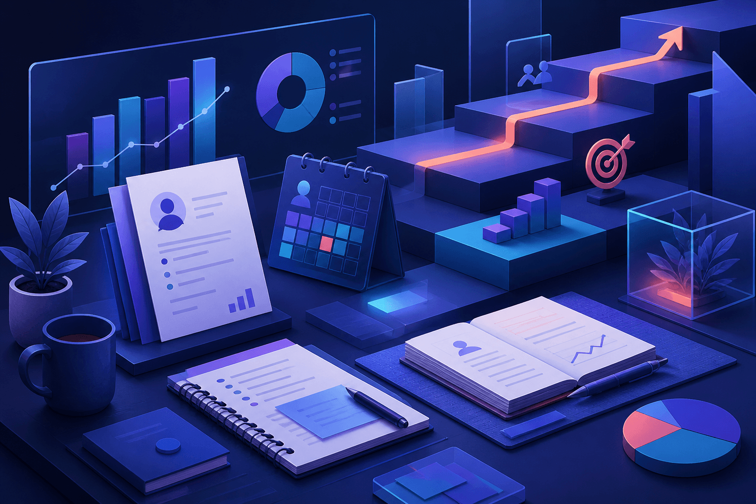 Editorial illustration for a guide on getting hired at Aon, showing a consulting workspace with abstract charts, interview notes, and professional tools in a dark blue and violet theme.