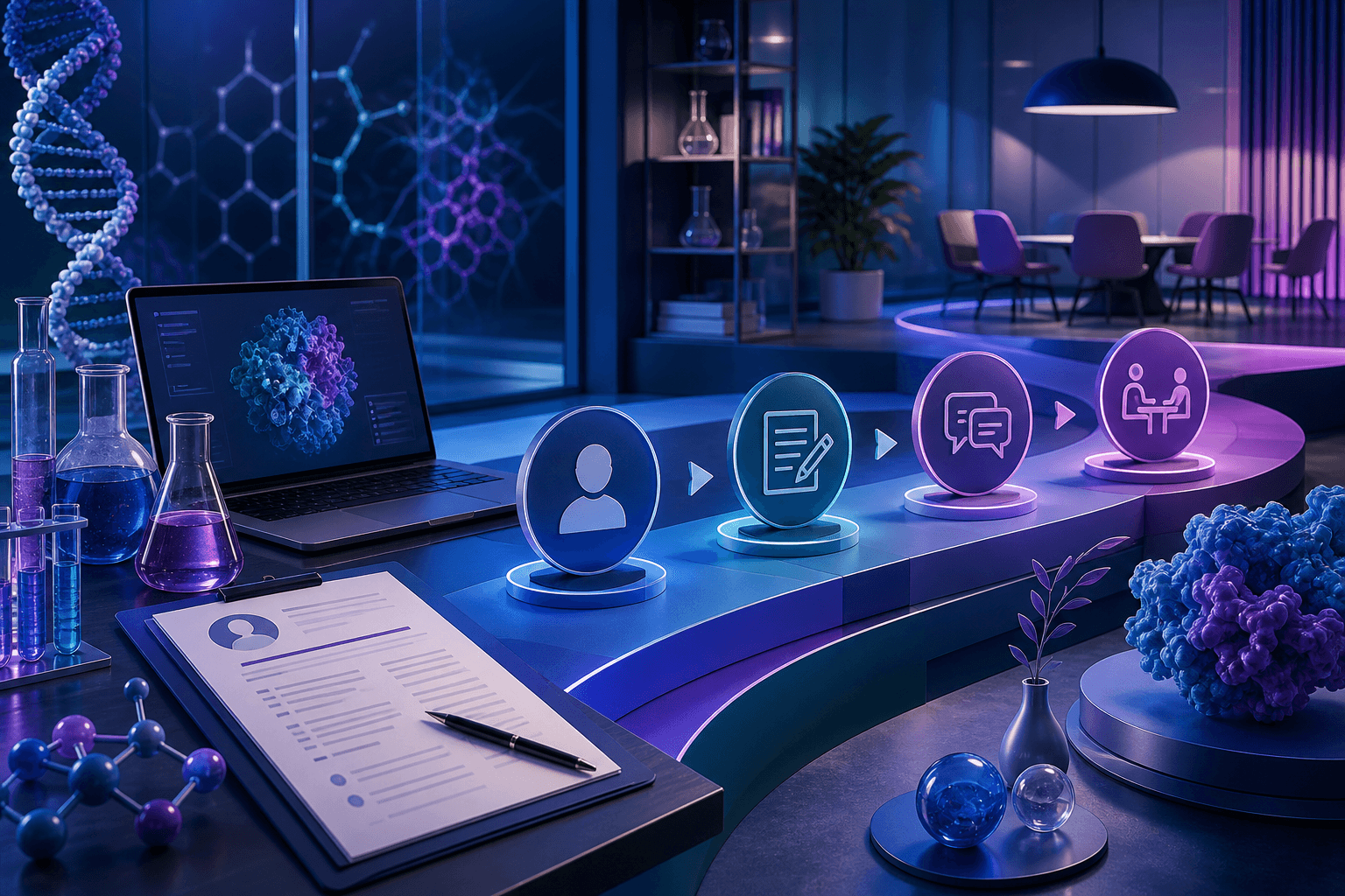 Editorial illustration for a guide on how to get a job at Biogen, showing a biotech workplace with lab tools, laptops, charts, and abstract career pathway graphics.