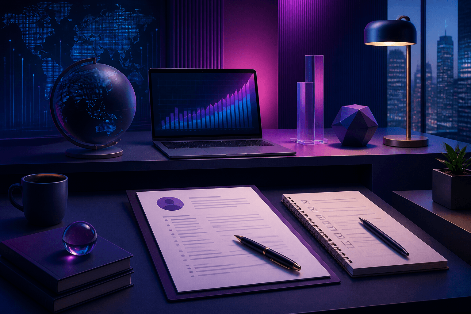 Modern editorial illustration for a guide on how to get a job at Bloomberg, showing a job search desk with resume documents, interview notes, and abstract global office imagery in dark blue, violet, and cyan.