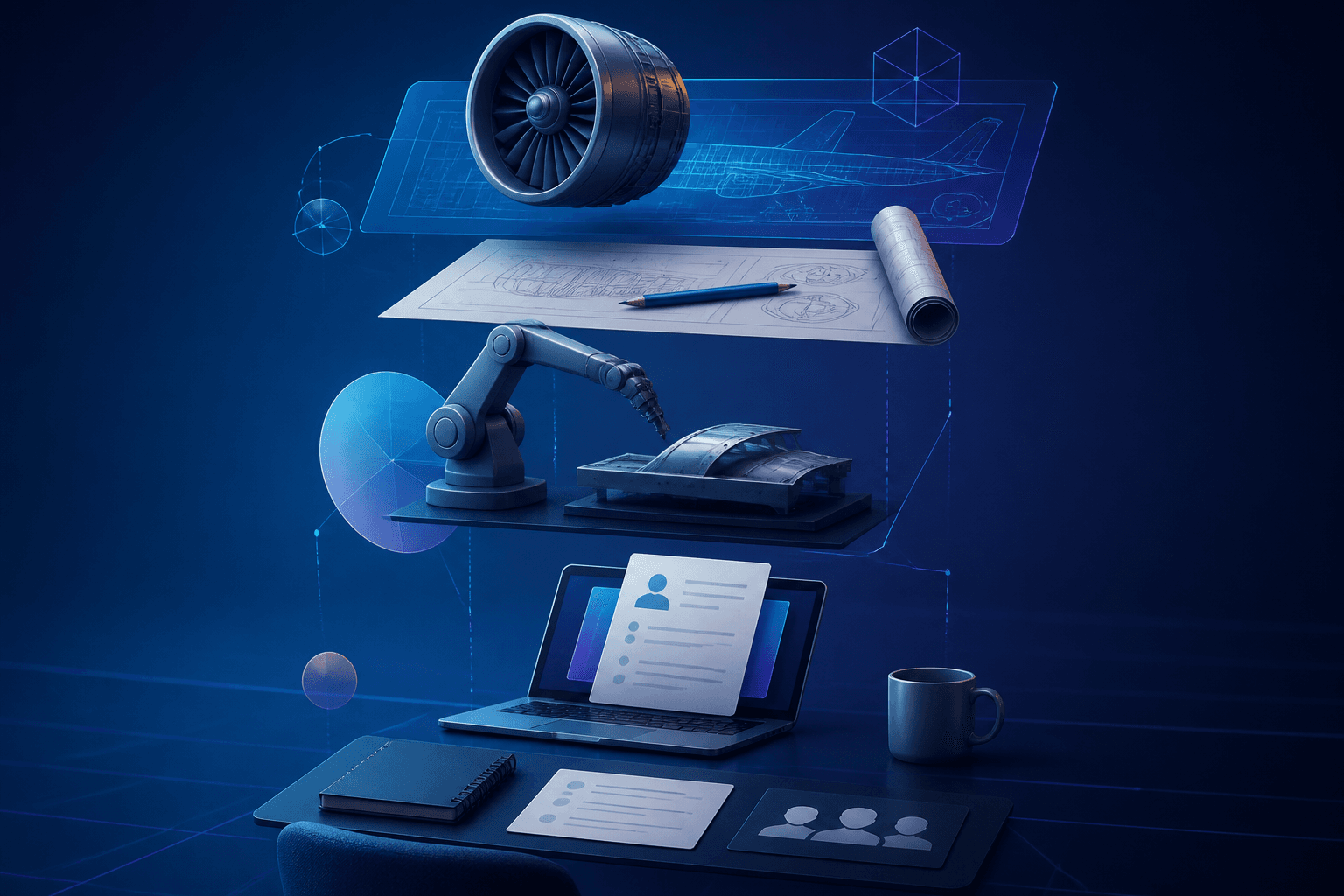Modern editorial illustration for a Boeing hiring guide, showing aerospace and manufacturing career themes without logos or text.