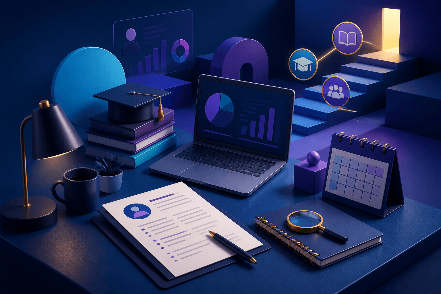 Editorial illustration for a guide on how to get a job at Chegg, showing a modern hiring desk, resume pages, interview notes, and abstract education-themed objects in dark blue, violet, and cyan tones.