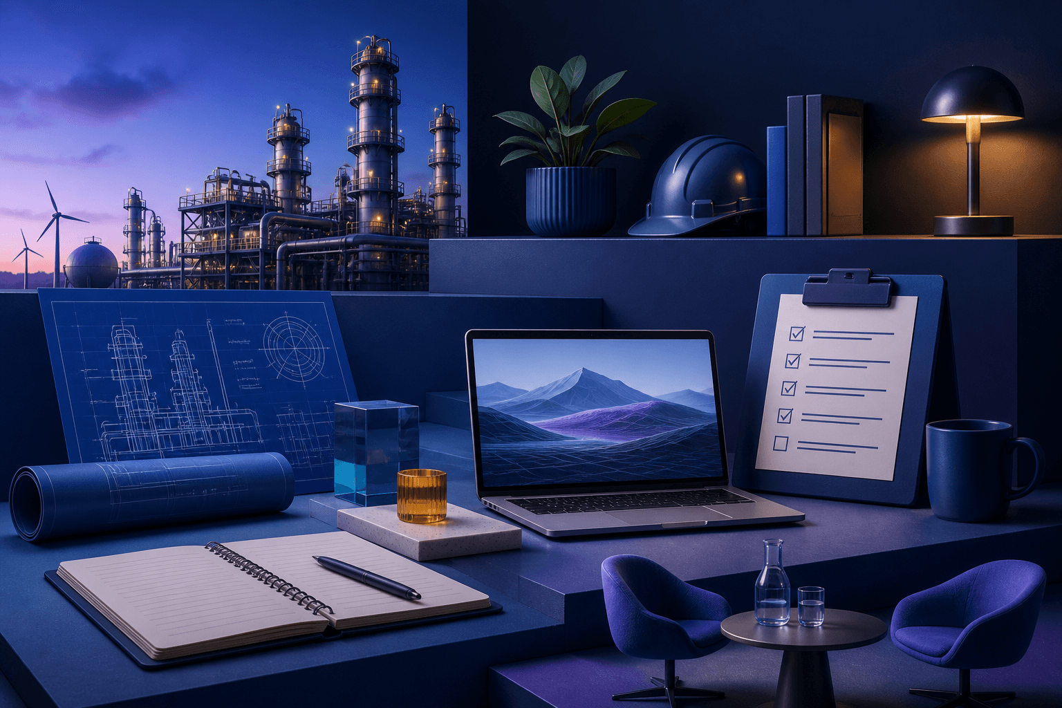 Editorial illustration for a guide on how to get a job at Chevron, showing industrial and corporate work themes with modern abstract workplace elements.