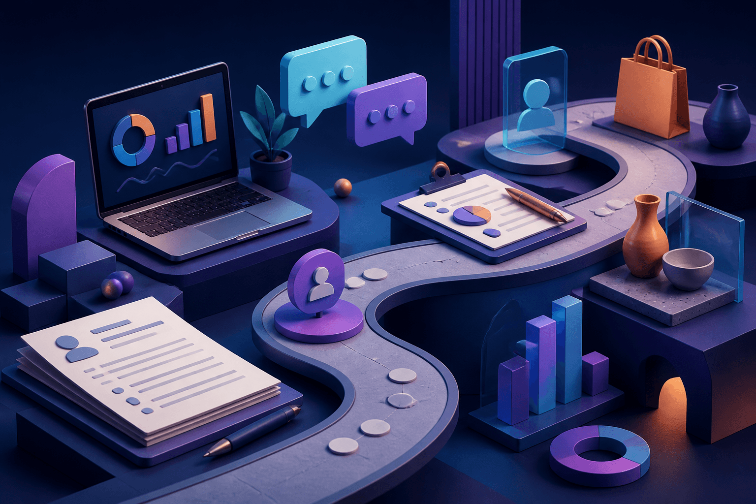 Editorial illustration for a guide on how to get a job at Etsy, showing a modern workspace scene with resume pages, interview notes, and abstract ecommerce elements in dark blue, violet, and cyan tones.