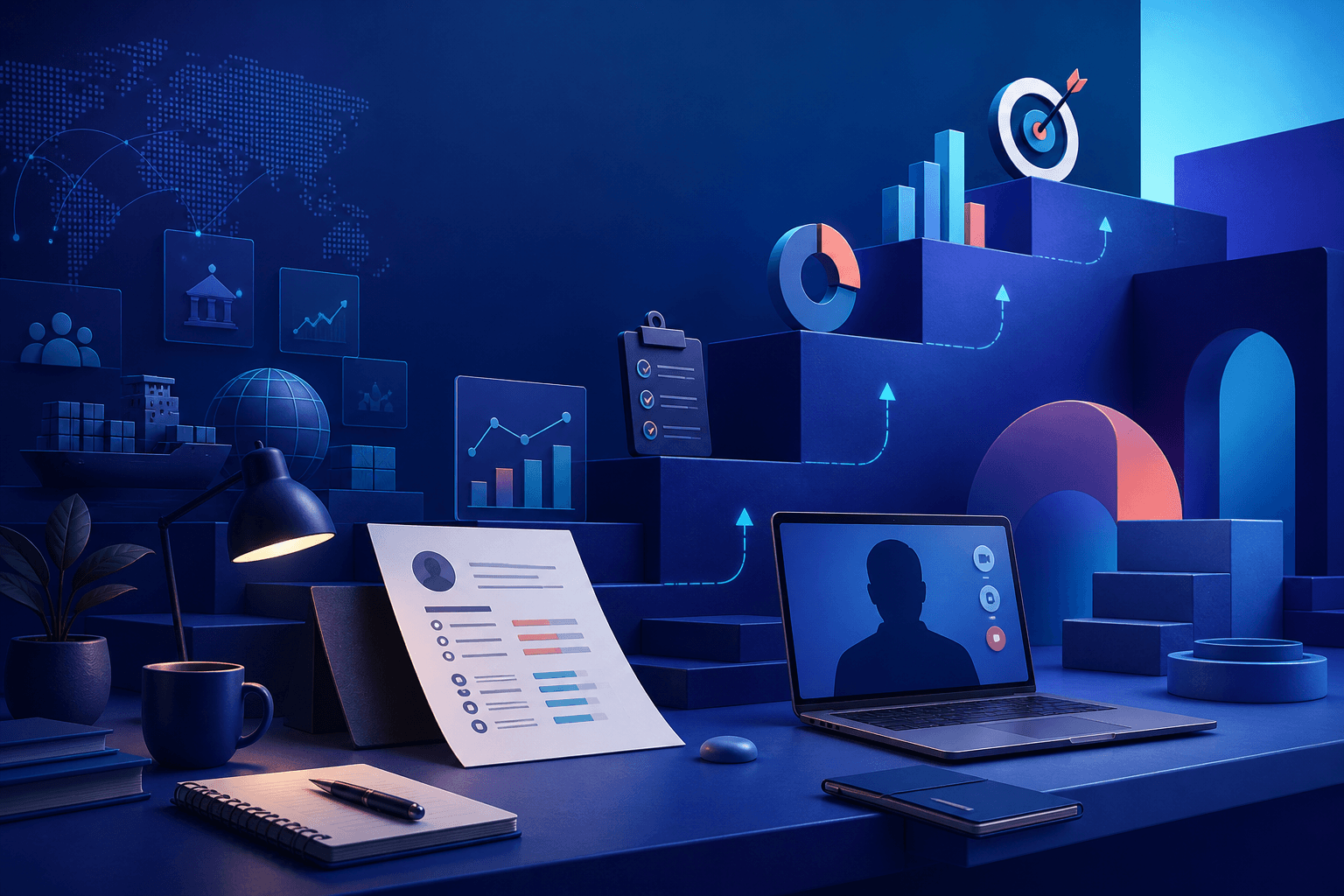 Editorial illustration showing a job seeker reviewing a consulting and technology career path with abstract charts, documents, and interview symbols in a dark blue and cyan palette.