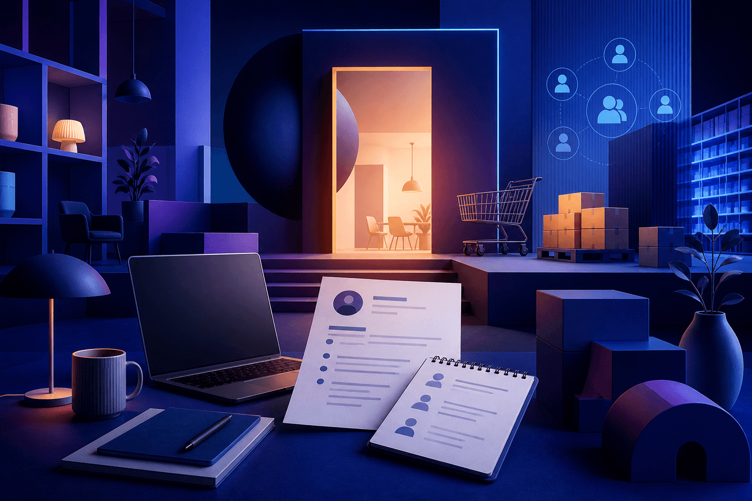 Editorial illustration for a guide on how to get a job at IKEA, showing a modern retail workplace, resume documents, interview notes, and logistics symbols in a dark blue and cyan color palette.