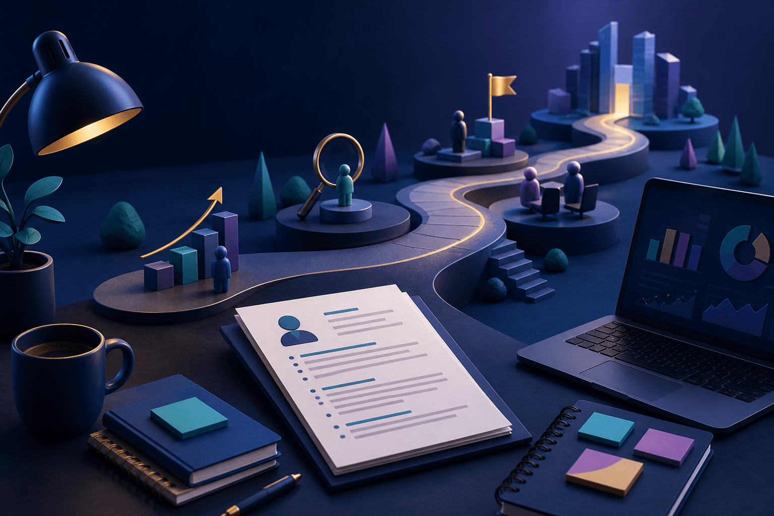 Editorial illustration for a guide on how to get a job at Intuit, showing a job seeker reviewing a resume, interview notes, and hiring process steps in a modern fintech workspace.