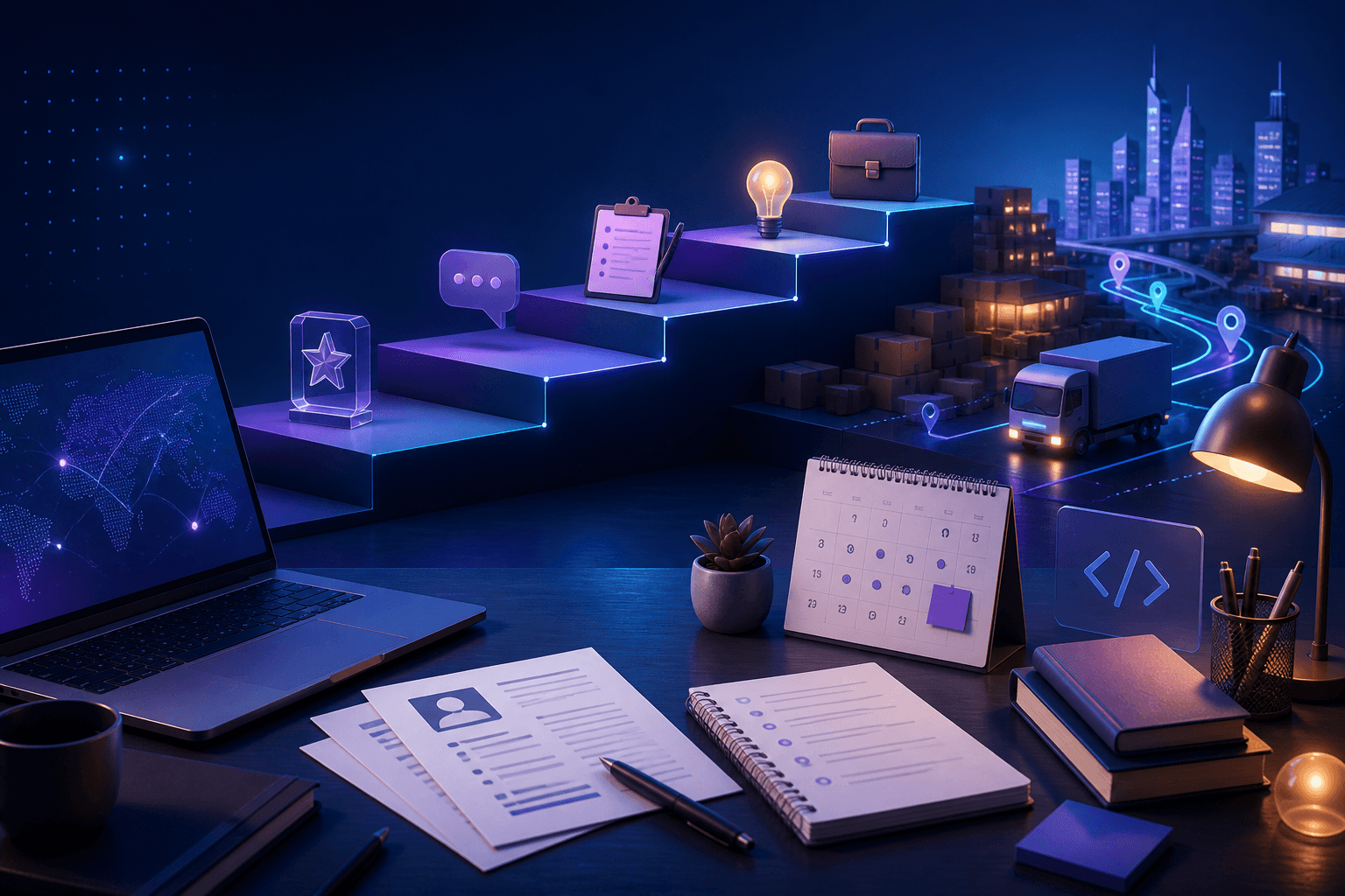 Editorial illustration for a guide on how to get a job at JD.com, showing a modern candidate workspace with laptop, resume pages, interview notes, logistics and technology symbols, and abstract office geometry.