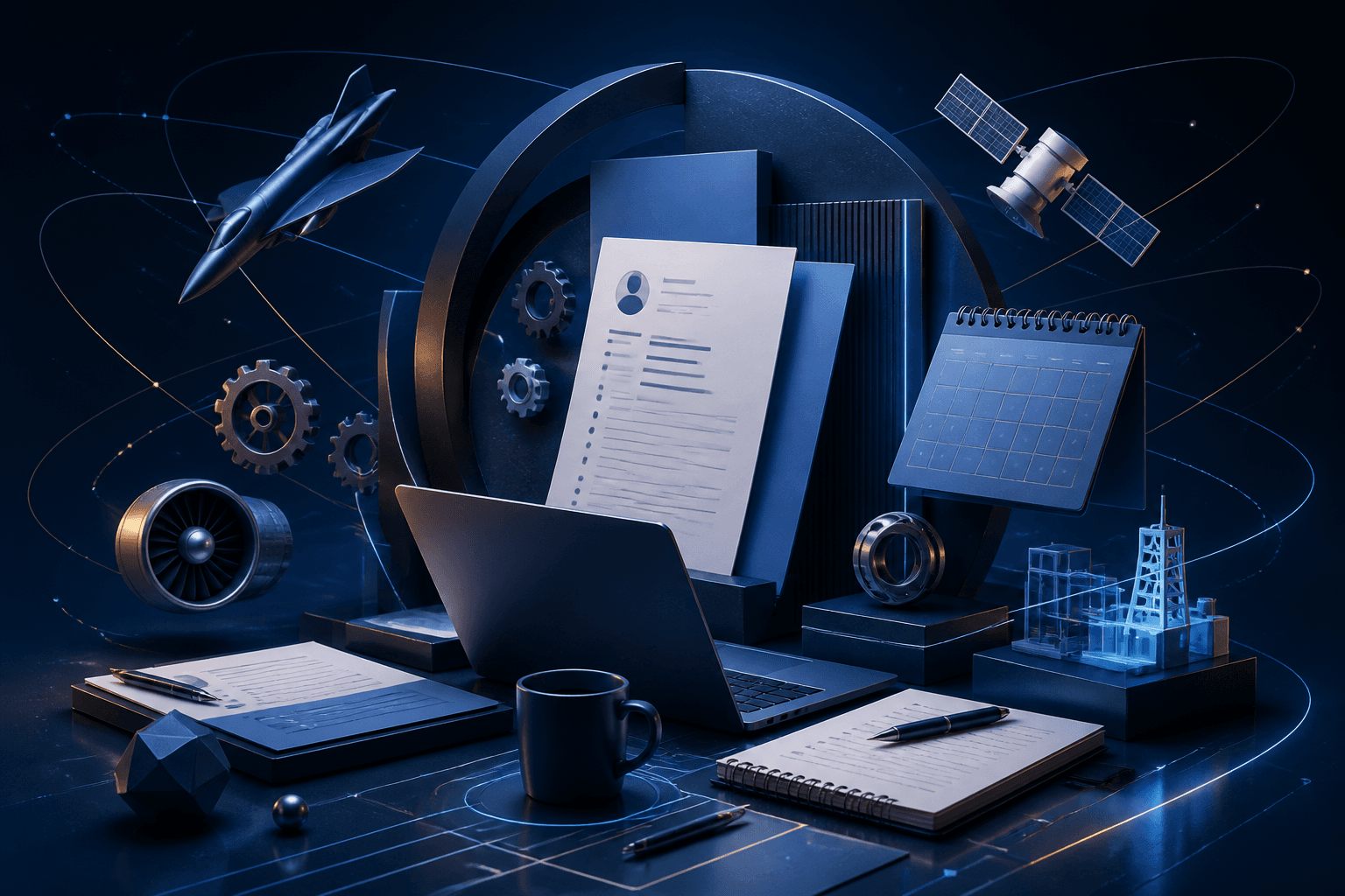 Editorial illustration for a guide on how to get a job at Lockheed Martin, showing a job seeker workspace with a resume, laptop, interview notes, and abstract aerospace and engineering motifs.