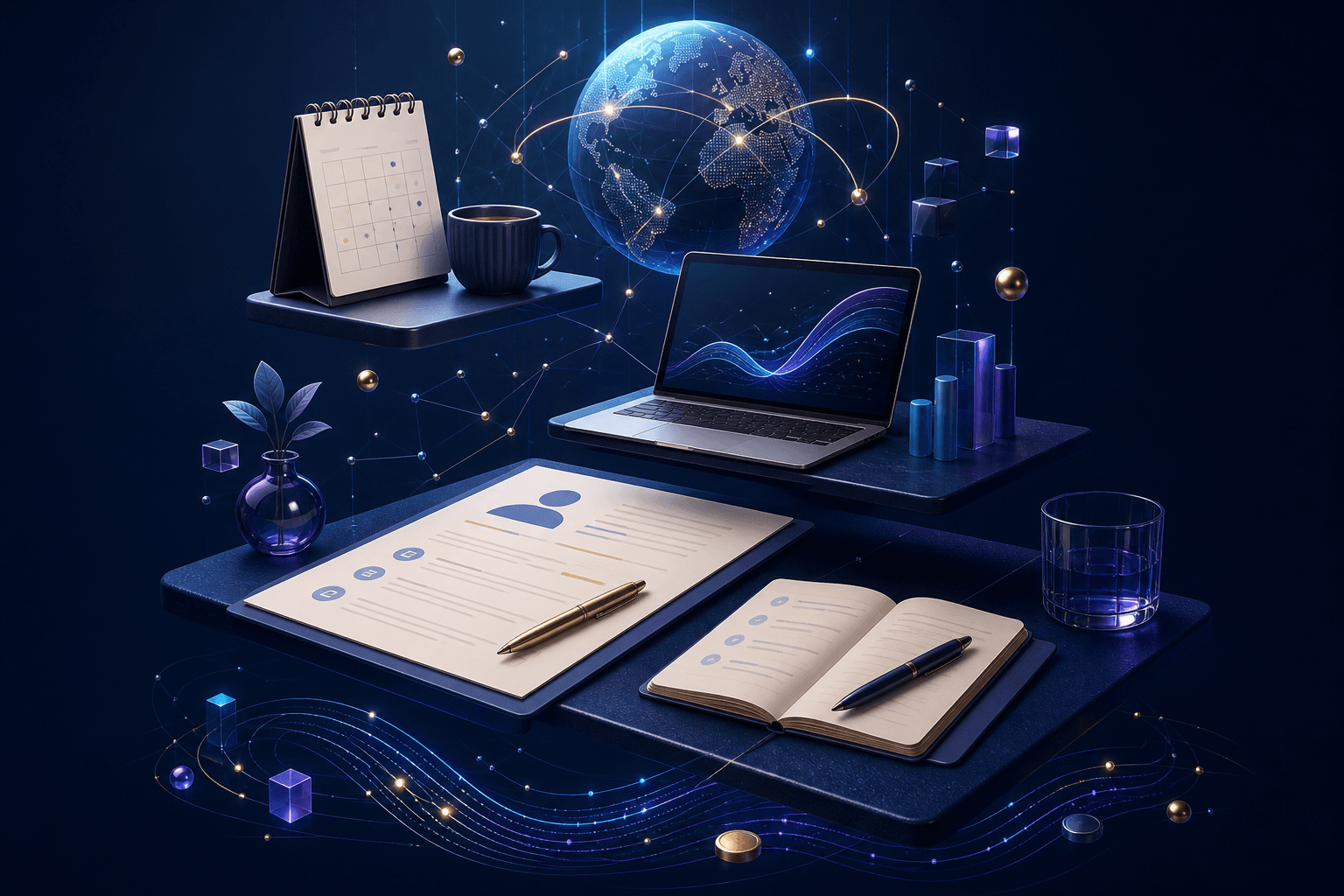 Editorial illustration for a guide on how to get hired at Mastercard, showing a modern office desk, resume pages, interview notes, and fintech-inspired abstract shapes in dark blue, violet, and cyan.