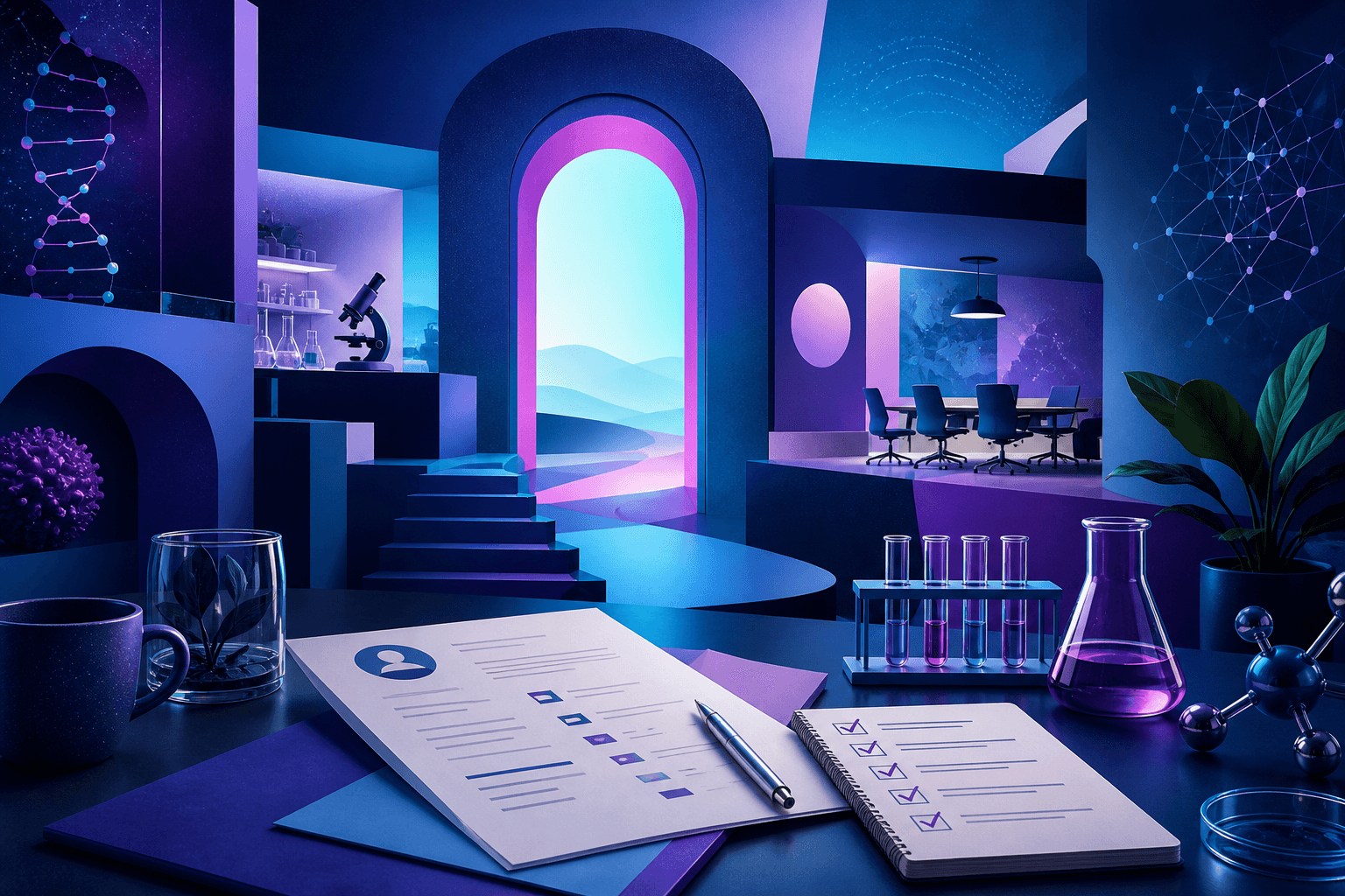 Editorial illustration for a guide on how to get a job at Moderna, showing a modern biotech workplace with resume pages, interview notes, and connected teams.