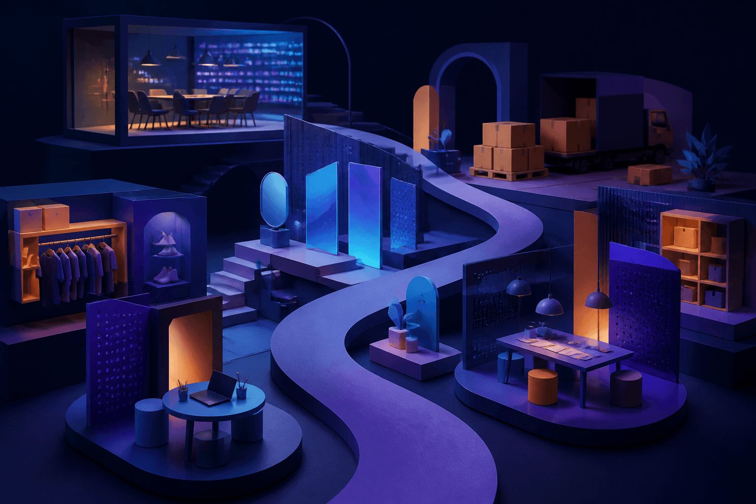 Editorial illustration of a modern workplace hiring guide for Nike, with abstract retail, digital, and logistics symbols in a dark blue and violet color palette.