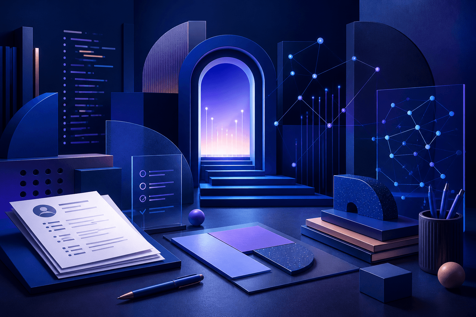 Editorial illustration for a Nokia job search guide showing a modern workspace, resume documents, network diagrams, and interview prep symbols in a dark blue and cyan style.