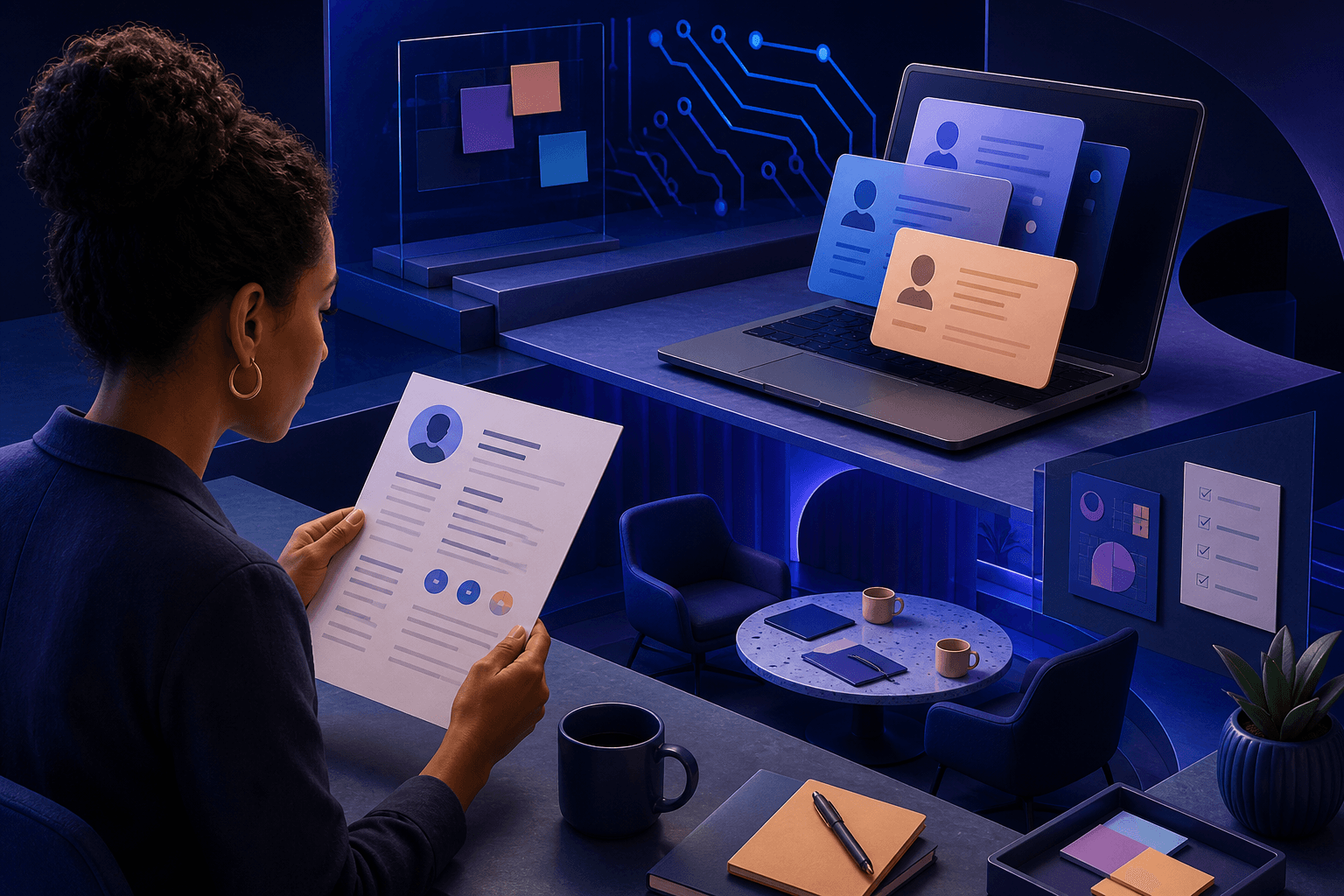 Modern editorial illustration for a guide on how to get a job at Qualcomm, showing a candidate preparing application materials beside abstract workplace and technology symbols.