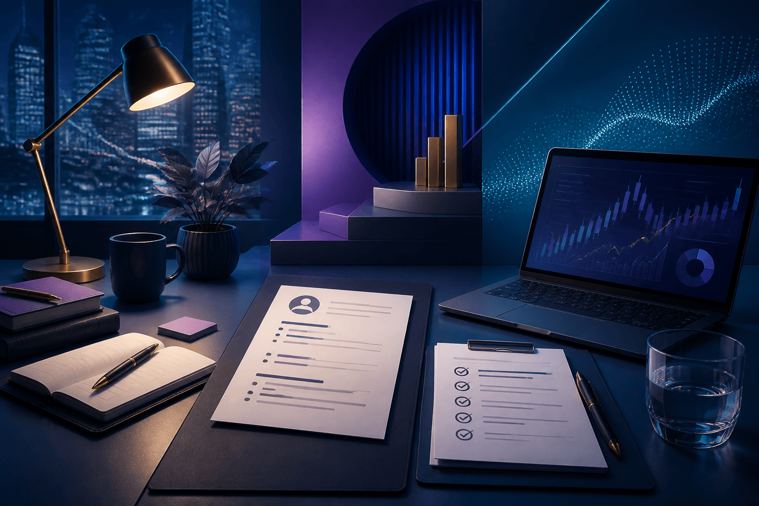 Editorial illustration for a guide on how to get a job at RBC, showing a modern finance-and-technology workspace with resume documents, interview notes, and abstract office elements.