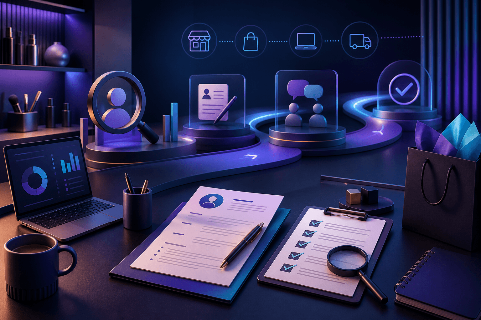 Editorial illustration for a guide on how to get a job at Sephora, showing a modern workplace scene with a resume, interview notes, and retail, digital, and operations symbols in a dark blue and violet palette.