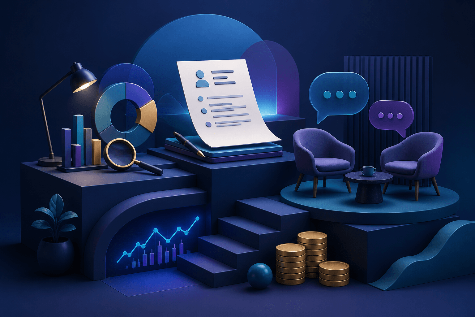 Editorial illustration for a guide on how to get a job at SoFi, showing a fintech hiring journey with resume, interview, and career growth themes.