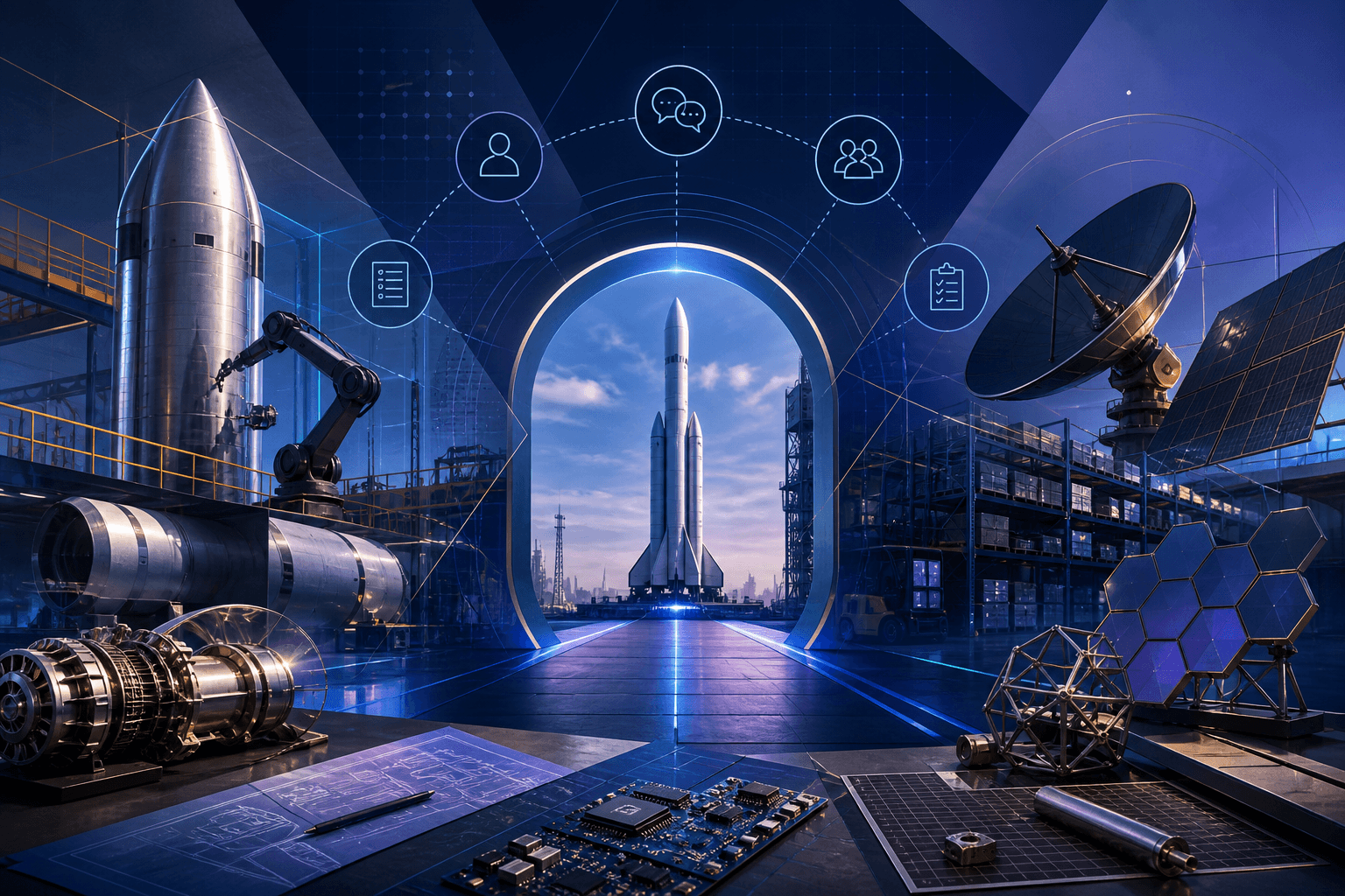 Editorial illustration for a guide on how to get a job at SpaceX, showing aerospace hardware, factory tools, and abstract hiring workflow elements in a dark blue and violet theme.