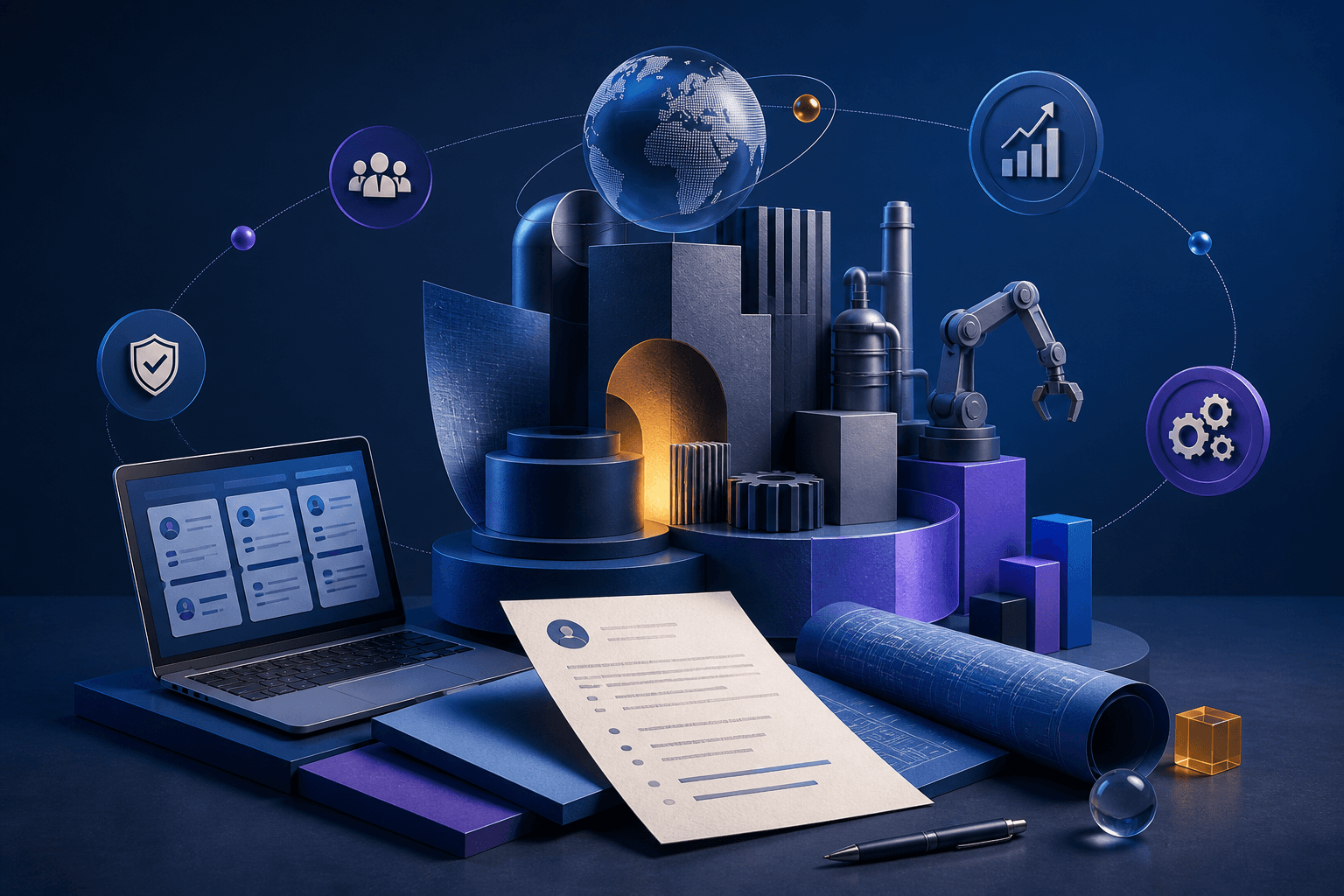 Editorial illustration for a guide on how to get a job at ABB, showing industrial, engineering, and hiring concepts in a modern dark blue and violet theme.
