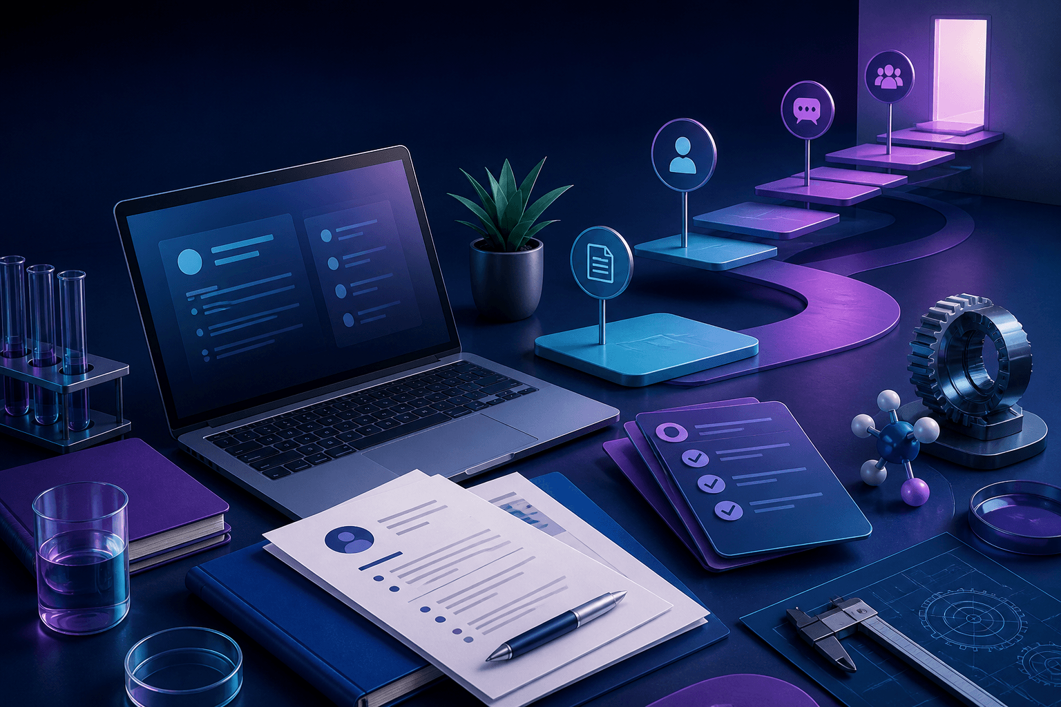 Editorial illustration for a guide on how to get a job at Abbott, showing a modern healthcare hiring workspace with resume pages, interview notes, and abstract career-path visuals.