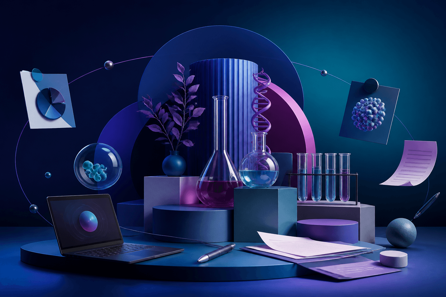 Modern editorial illustration for a job guide about getting hired at AbbVie, showing a healthcare and life sciences workspace with abstract lab, office, and digital elements.