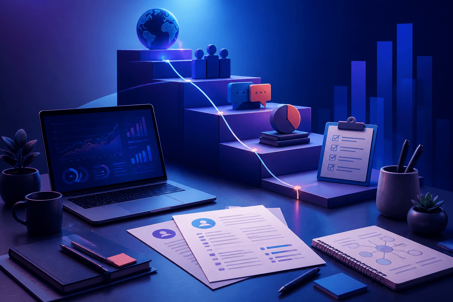 Editorial illustration for a guide on how to get a job at Accenture, showing a professional workspace with resume pages, interview notes, laptop, and abstract consulting themes.