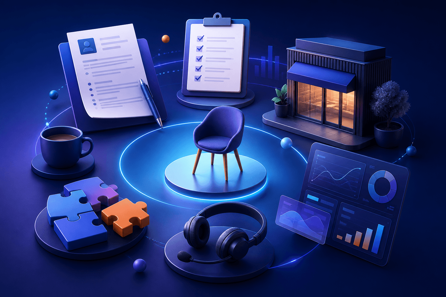 Editorial illustration for a guide on getting hired at Adidas, showing a modern hiring workflow with resume, interview, and retail and digital work symbols.