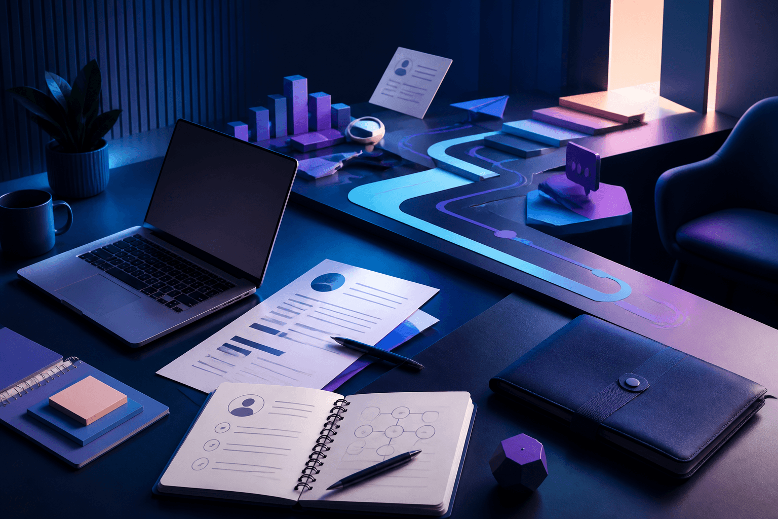 Modern editorial illustration for a guide on how to get a job at Adobe, showing a job-seeker workspace with resume pages, interview notes, laptop, and abstract career-path shapes in a dark blue and violet palette.