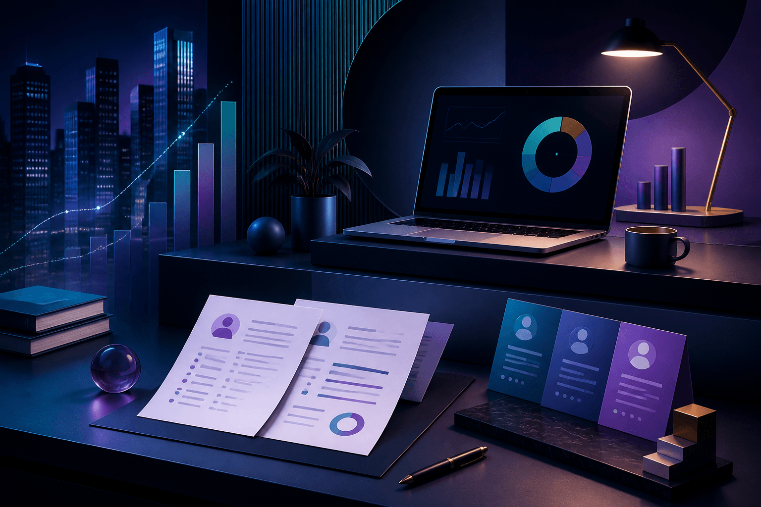 Editorial illustration for a guide on how to get a job at Adyen, showing a fintech hiring journey with laptop, resume, interview cards, and abstract office shapes.