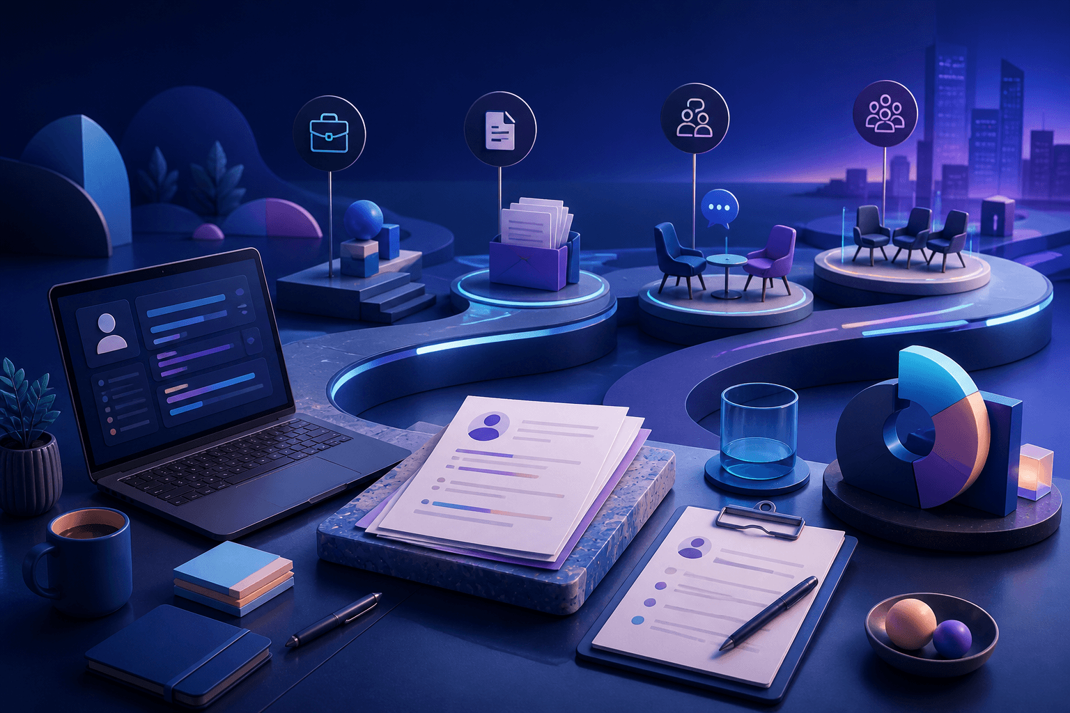 Editorial illustration for a guide on how to get a job at Airbnb, showing a modern workspace with laptop, resume documents, abstract hiring workflow elements, and dark blue, violet, and cyan tones.