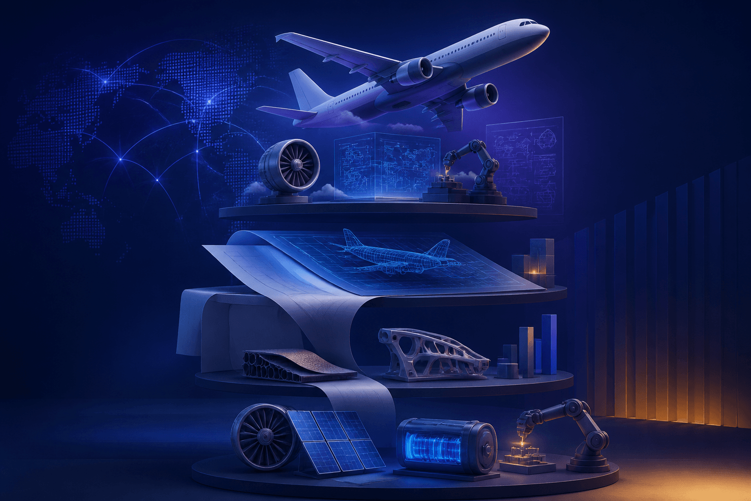 Modern editorial illustration for a guide on how to get a job at Airbus, showing aerospace and industrial workplace elements in a dark blue, violet, and cyan palette.