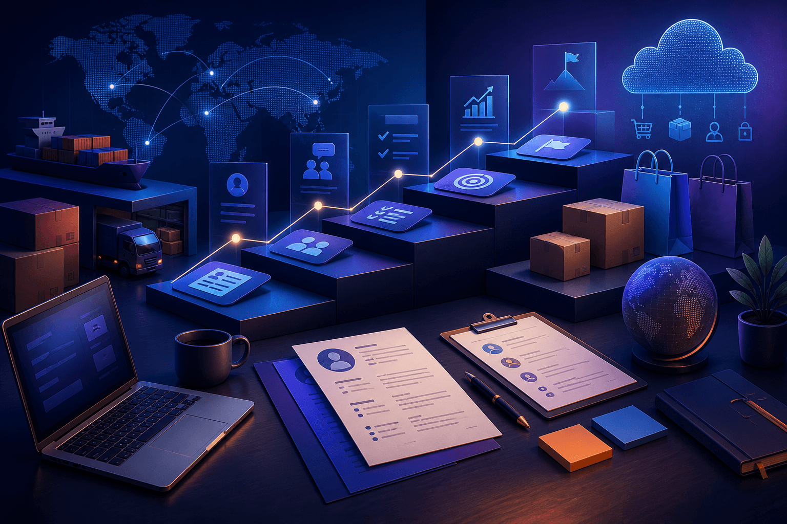 Editorial illustration for a guide on how to get a job at Alibaba Group, showing a modern hiring workspace with resume pages, interview notes, cloud and ecommerce symbols, and abstract office geometry.
