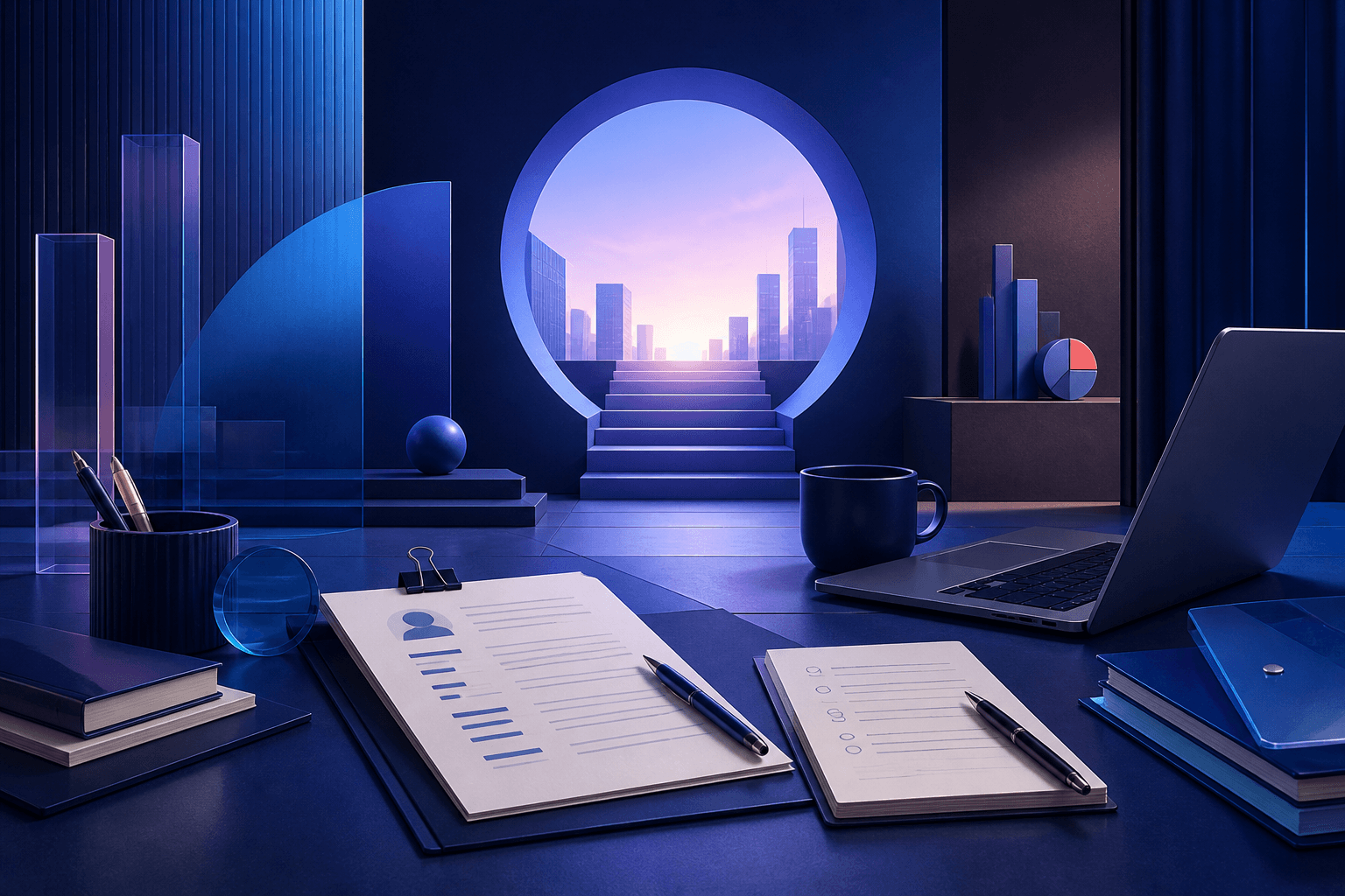 Editorial illustration for a job search guide about Alvarez & Marsal, showing a candidate application packet, interview notes, and consulting-themed workspace objects in a dark blue and violet palette.