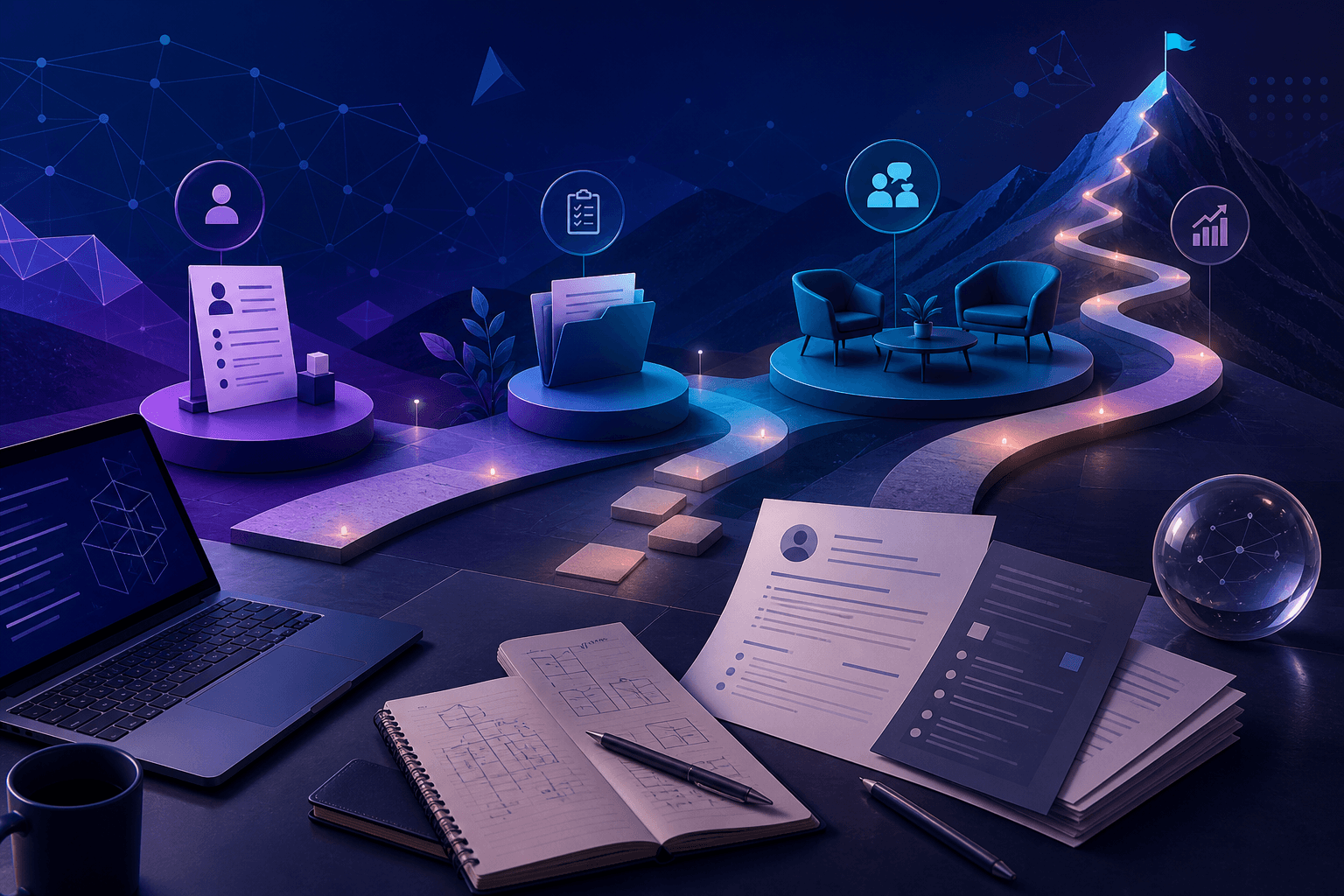 Editorial illustration for a guide on how to get a job at Amazon, showing a modern job-search workspace with a laptop, resume pages, interview notes, code symbols, and abstract technology shapes in dark blue, violet, and cyan.