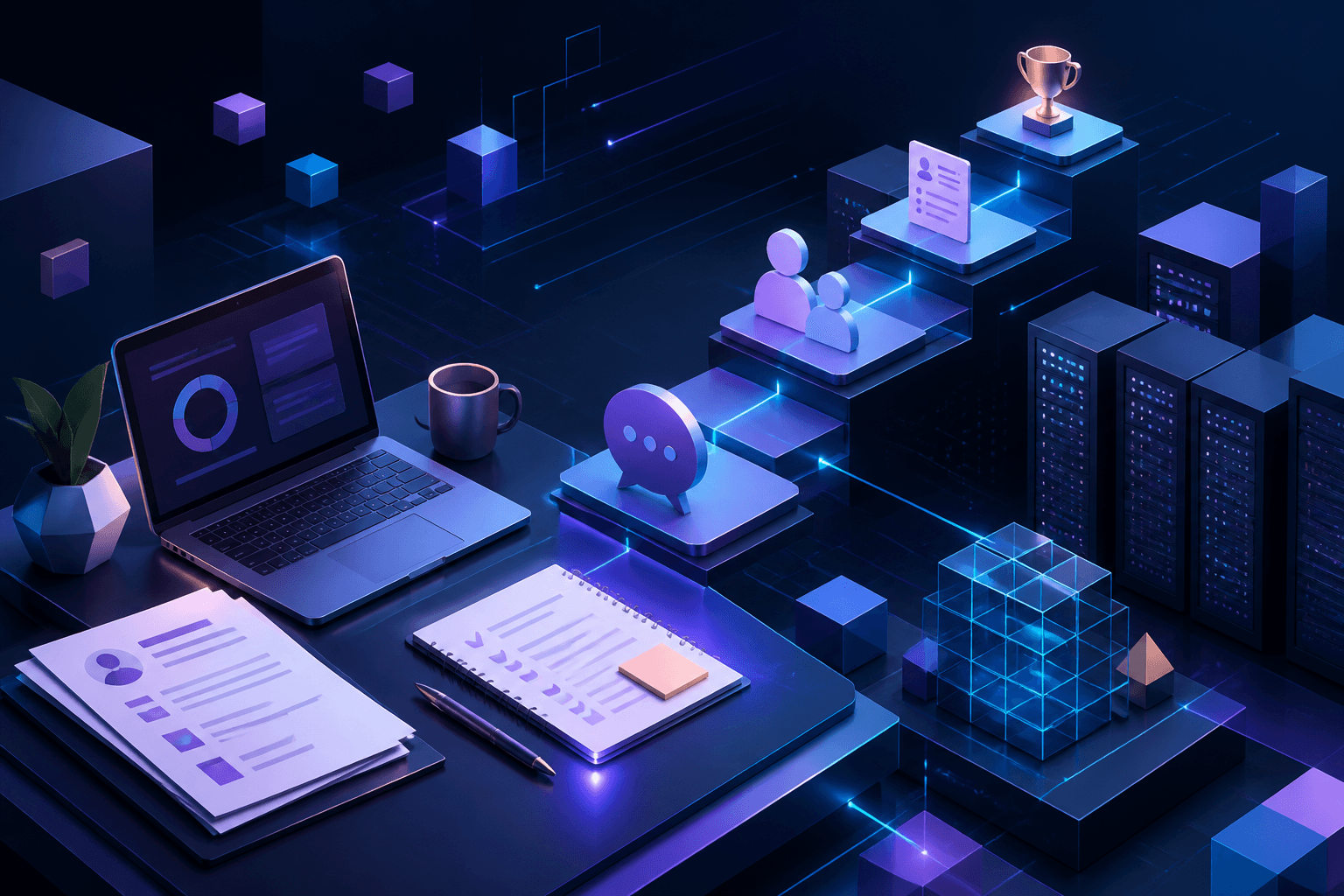 Editorial illustration for a guide on how to get a job at AMD, showing a modern tech workspace with circuit-inspired graphics and interview prep materials.