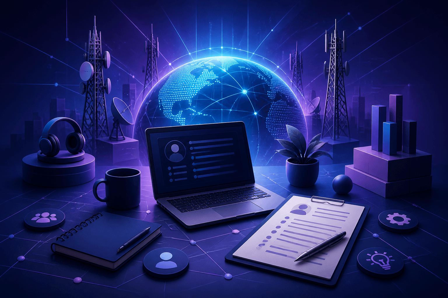 Modern editorial illustration for a guide on how to get a job at America Movil, showing telecom towers, laptop screens, interview notes, and abstract workplace graphics in dark blue, violet, and cyan.