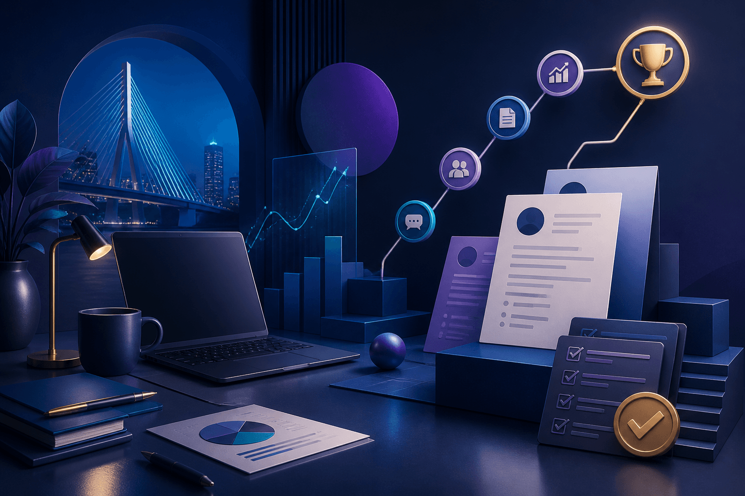 Editorial illustration for a guide on how to get a job at American Express, showing a modern finance and technology workspace with abstract hiring and career-growth elements.