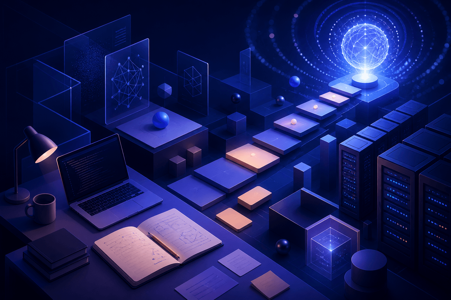 Editorial illustration for a hiring guide about Anthropic, showing abstract AI research and engineering workplace elements in a dark blue and violet theme.