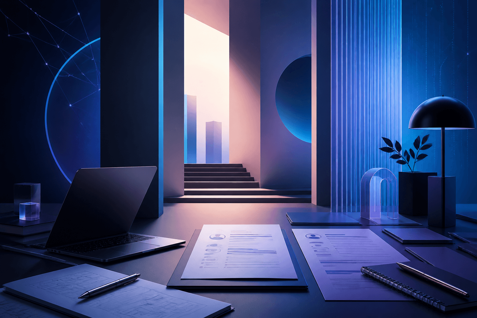 Editorial illustration for a guide on how to get a job at Apple, showing a polished job search workspace with resume pages, interview notes, and abstract tech shapes.